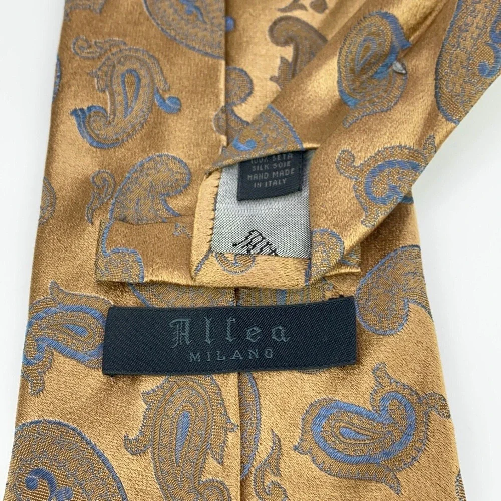 Altea Milano Light Copper Brown Blue Paisley 100% Silk Necktie Hand Made Italy